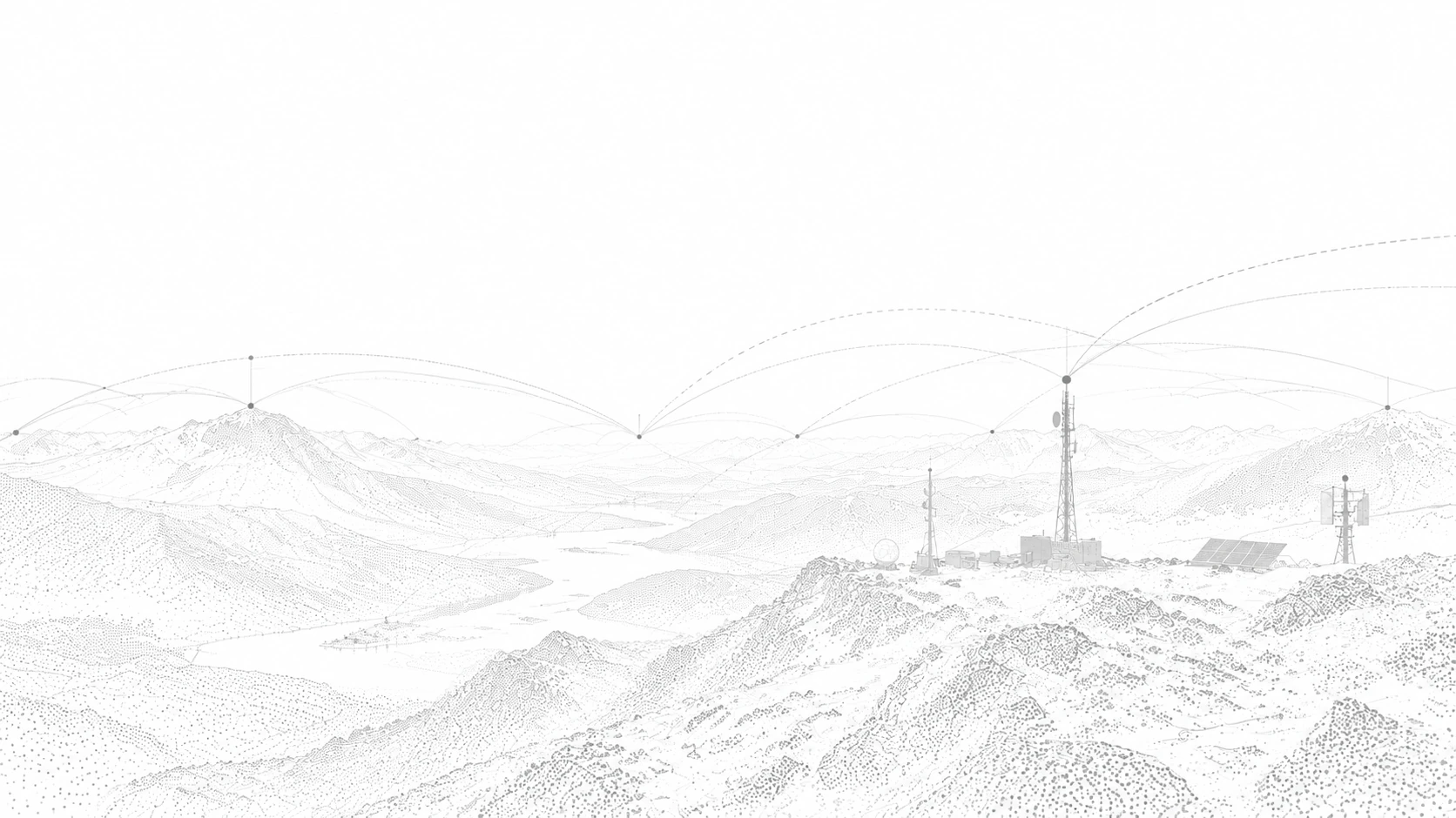 Stippled illustration of a mountain communications network: towers, radome and solar array linked by dashed transmission arcs